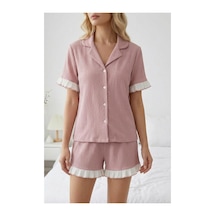 Fit Women Fırfır Detaylı Bürümcük Kumaşlı Düğmeli Kısa Şortlu Pijama Takımı 6021 Pembe