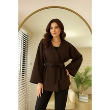 Unika Boutique Kadın Yeni Sezon Kuşaklı Scuba Ceket Kimono Tunik Oversize Trend Rahat Modern Tesettüre Uygun Kahverengi