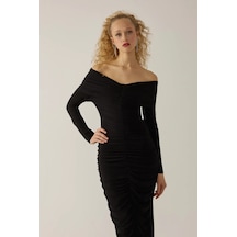 Hiccup Drapeli Off Shoulder Bodycon Maxi Elbise Siyah