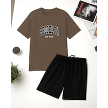 Uyguntarz Unisex Brooklyn Baskılı Tasarım Şort Takım Kahverengi