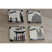 Siyah Beyaz Londra Atina Tokyo Prag Doğal Taş Bardak Altlığı 4'lü Set - Natural Stone Coasters - Taş Beyaz - Siyah