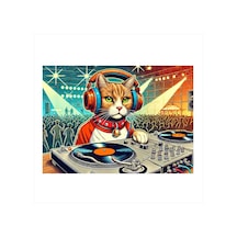 Dj Kedi Ve Neon Işıklar Desenli Mdf Tablo