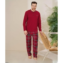 Pijamoni Erkek Standart Kalıp Pamuklu Düğme Yaka Uzun Kol Baharlık Pijama Takımı 6300/5kk - 1 Adet Kırmızı
