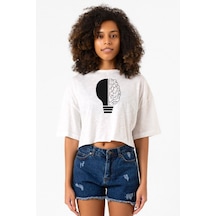 Lightbulb & Brain Beyaz Kırçıllı Kadın Crop Tshirt Beyaz