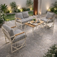 Violet Krem 2+1+1 Masalı Gri Bahçe Oturma Grubu Minderli Metal Ahşap Detaylı Balkon Teras Takımı Gri