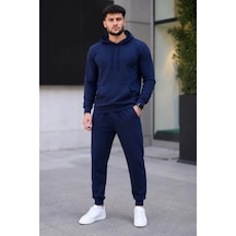 Butik İstanbul Erkek İki İplik Kapüşonlu Kanguru Cepli Sweatshirt Jogger Pantolon Alt Üst Eşofman Takımı - Lacivert