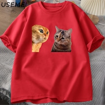 Flood Of Style Üzgün Kedi Mewing T-shirt Komik İki Kediler Meme Grpahic Konuşurken T Shirt Kadın Erkek Pamuk Kırmızı