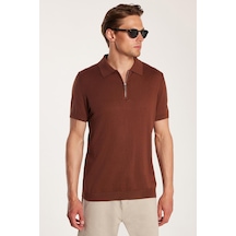 Tudors Erkek Slim Fit Dar Kesim Pamuklu Örme Triko Fermuarlı Kahverengi Polo Yaka Tişört-33747 Kahverengi