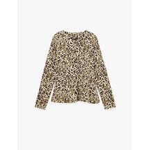 Koton Slim Bisiklet Yaka Uzun Kollu Leopar Desenli Peplum Hırka Bej Desenli 7wak30126ek Ekru