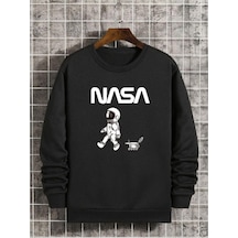 Nasa Uzay Sweatshirt - Siyah Baskılı Oversize Bisiklet Yaka Siyah