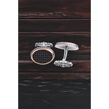 Gümüş Siyah Zirkon Taşlı Oval Tasarım Kol Düğmesi -5766 Gümüş
