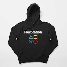 Playstation Gamepad Yazı Siyah Fermuarlı Kapşonlu Sweatshirt