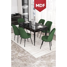 Canisa Kor Serisi, Siyah Mermer Desen MDF 70x114 Açılabilir Yemek Masası Takımı, 6 Sandalye Masa Siyah Mermer Desen Sandalye Haki