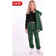 Panios Kids Kız Çocuk Fitilli Crop Ve Şerit Detaylı Eşofman Takımı Seti Haki