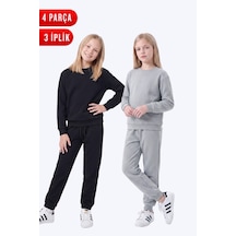 Panios Kids 3 İplik Düz Kız Çocuk Çift Cepli Bisiklet Yaka 2'li Eşofman Takımı Siyah-gri