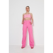 Kutaf Pembe Yuksek Bel Likrasız Palazzo Jean Pembe