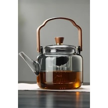 Ahşap Saplı Füme Cam Demlik Borosilikat Isıya Dayanıklı Cam Çaydanlık 1200 Ml Füme