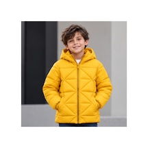 Maxx Kleın Erkek Çocuk Sarı Kapüşonlu Şişme Mont Geometrik Kapitone Desenli Fermuarlı Cepli Modern Günlük Dış Giyim 6-8-10-12-14 Yaş