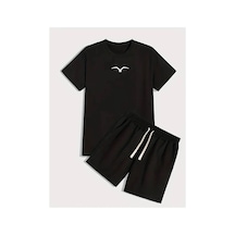 Medinenur Martı Baskılı T-shirt Short Bol Paça Rahat Kalıp Siyah Alt Siyah Üst Short Takım Siyah