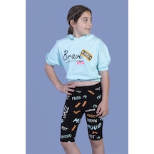 Toontoy Kids Toontoy Kız Çocuk Kapüşonlu Baskılı Biker Taytlı Takım Su Yeşili