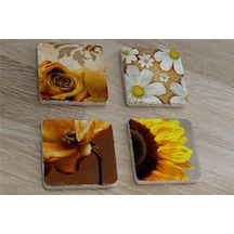 Sarı Gül Ve Çiçekler Doğal Taş Bardak Altlığı 4'lü Set - Natural Stone Coasters - Taş Sarı