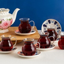 17903 Laleli 12 Parça 6 Kişilik Çay Seti 210 Ml Borosilikat Cam Kulplu Tombik Bardak Ve Porselen Çay Tabağı Ta Diğer