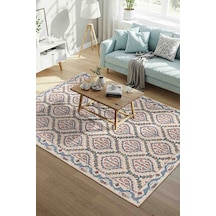Nora Krem / Mavi Vintage Dokulu Geometrik Desenli Dokuma Tabanlı Şönil Halı Al 479 Krem - Mavi