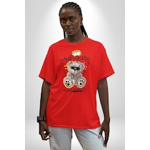 Gerçeklikten Uzak Tutun Pamuklu Bisiklet Yaka Unisex Oversize Boyfriend Dijital Baskılı Kırmızı T-shirt Kırmızı