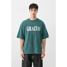 Vamos Oversize Baskılı Tişört V70-143 Yeşil
