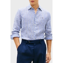 Tommy Hilfiger Çizgili Keten Regular Fit Uzun Kollu Gömlek Erkek Gömlek Mw0mw42400 0a4 Mavi-beyaz