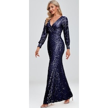 Hanife Glam Couture Hanife Glam Uzun Kollu Kruvaze Yaka Pullu Abiye Elbise Lacivert