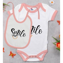 Bk Kids Smile Tasarımlı Pembe Bebek Body Zıbın Ve Mama Önlüğü Hediye Seti-1 Çok Renkli