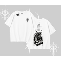 Tarzsokak Dj Kedi Baskılı Müzik Temalı Oversize Tshirt Beyaz