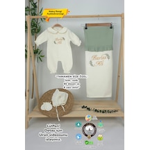 Gros Shop Müslin Yeni Doğan 4katlı Organik %100pamuk Kişiye Özgü Nakışlı Hastane Çıkış Seti İki Dal Model-1 Ekru-3