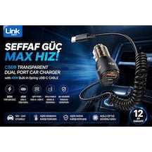 Linktech Araç Çakmaklık Süper Hızlı Şarj Aleti - 12v/24v Şeffaf Çift Pd & Qc Tip-c Kablolu 80w Süper