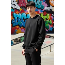 Benerly Erkek Bisiklet Yaka Düşük Kol Oversize Kalın Nakışlı Sweatshirt F siyah