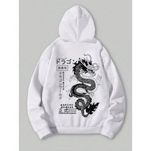 Startmore Anime Guys Dragon & Letter Graphic Drawstring Lined Hoodie Beyaz Beyaz