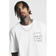 Unisex Siyah Oversize Mantenha Baskılı Örme T-shirt Beyaz