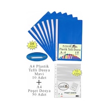 Telli Dosya Plastik A4 10 Lu Ve Poşet Dosya 50 Li 1 Paket Ekonomik Kaliteli Şeffaf Kapak Telli Dosya Okul Büro Ofis Mavi