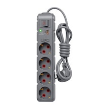 Yeni 4lü Akım Korumalı Grup Priz 1,5 Metre Bakır Kablolu, 5v 2,4a Usb Ve Type-c İle Şarj, Anahtarlı Topraklı Priz, Sürekli Koruma, 16a 250v, Max 3500w Aşırı Yük Koruması, 1,5m. Gri Renk Diğer