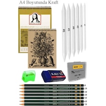 A4 Kraft Eskiz Defteri Spiralli 50 Yaprak Karakalem Çizim Seti Gölgelendirme Kalemi Hamur Silgi Fatih Dereceli Kalem Hob