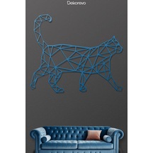 Geometrik Kedi Metal Duvar Tablosu - Metal Duvar Sanatı - Mavi - 65 X 75 Cm