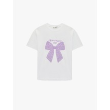 Koton Kısa Kollu Bisiklet Yaka Fiyonk Baskılı Oversize Tişört Ekru 6sal10285ık Ekru