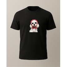 Başrötülü Beyaz Köpke Baskılı T-shirt Siyah