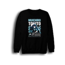 Demon Slayer Muichiro Tokito - Anime Baskılı Unisex %100 Pamuk Siyah Bisiklet Yaka Sweatshirt Siyah