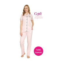 Kadın Pembe Beyaz Çizgili Gömlek Yaka Önden Düğmeli %100 Pamuk Kısa Kol Cepli Pijama Takımı Pembe