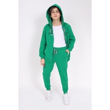 Toontoy Kids Toontoy Erkek Çocuk 2'li Takım Baskılı Kapüşonlu Fermuarlı Cepli Sweatshirt & Beli Paçası Lastikli Cepli Jogger Eşofman Altı - 2 İplik Çimen Yeşili