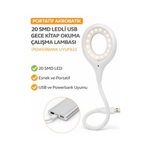 Ecuy Portatif Akrobatik Usb Led Okuma Ve Çalışma Lambası 20 Smd Led Powerbank Uyumlu 5000k Doğal Işık Beyaz