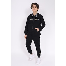 Toontoy Kids Toontoy Erkek Çocuk 2'li Takım Baskılı Kapüşonlu Fermuarlı Cepli Sweatshirt & Beli Paçası Lastikli Cepli Jogger Eşofman Altı - 2 İplik Siyah