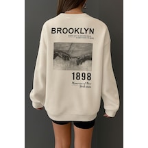 Benroma 3 İplik Penye Brooklyn Baskılı Unisex Sweatshırt Beyaz